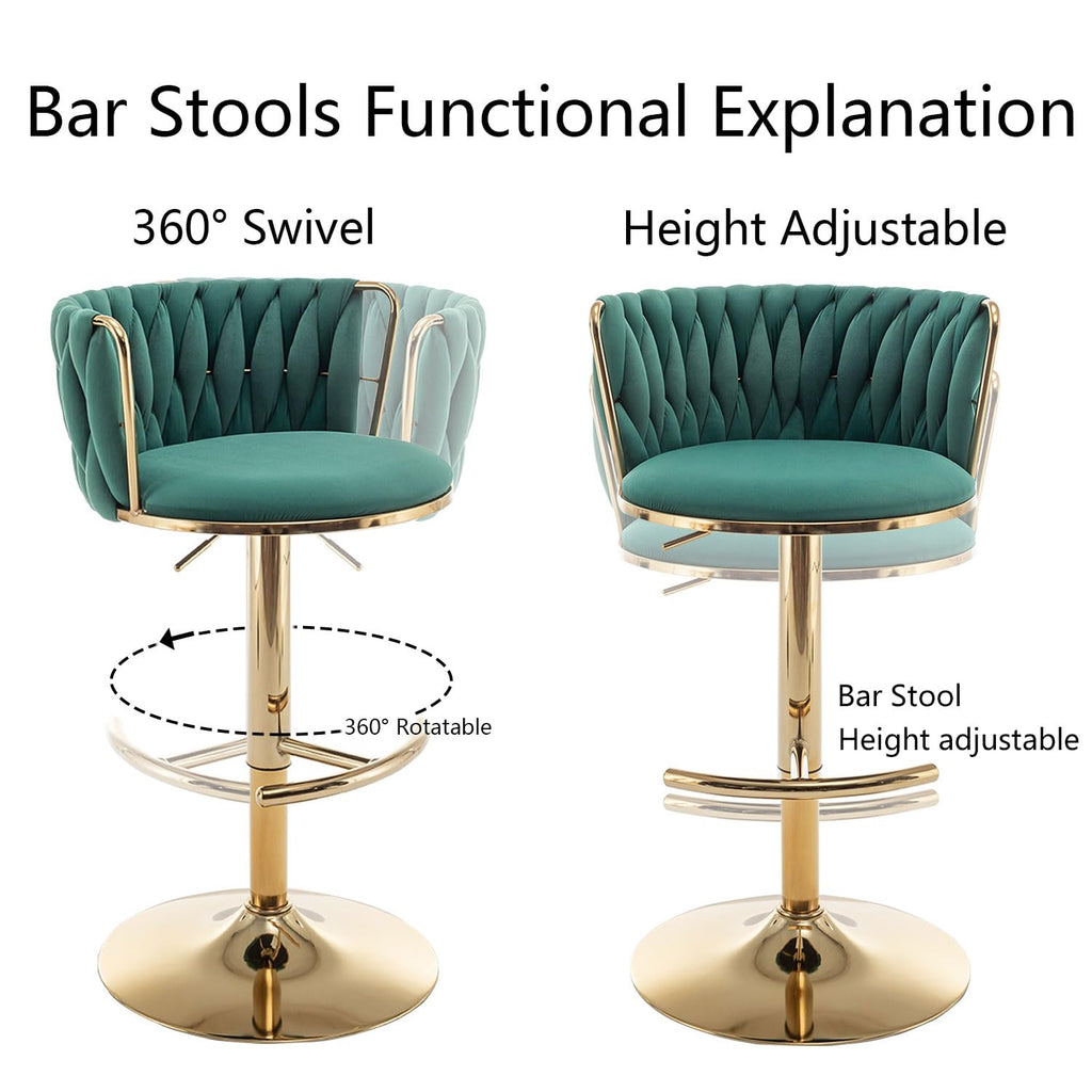 Gold Velvet Bar Stools Set of 6, Swivel Counter Height Bar Stools with Back, Adjustable Woven Barstools for Kitchen Island, Pub, Club (Green)