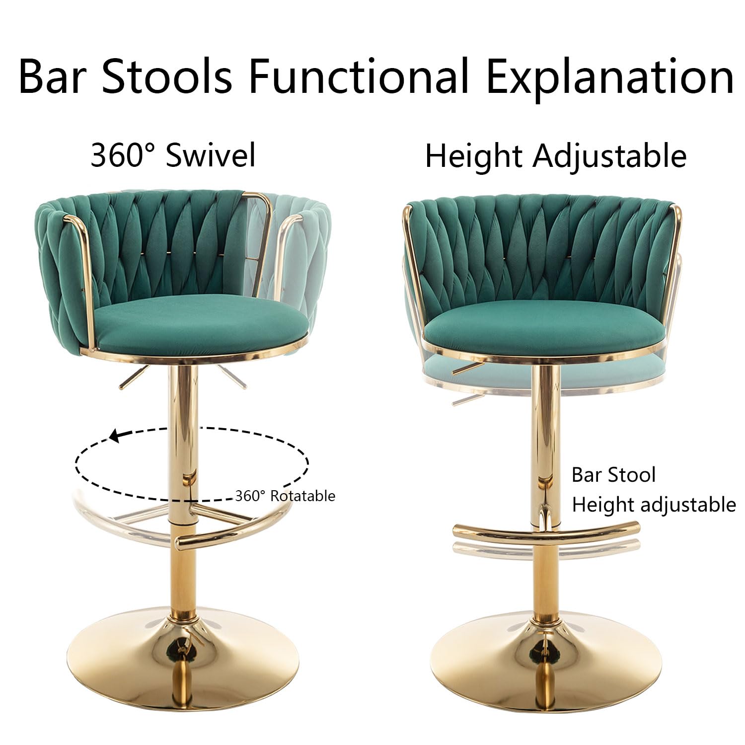 Gold Velvet Bar Stools Set of 4, Swivel Counter Height Bar Stools with Back, Adjustable Woven Barstools for Kitchen Island, Pub, Club (Green)