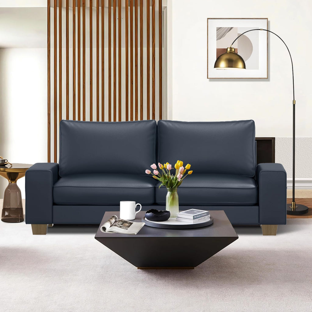 Faux Leather Couch, Mid Century Modern Comfy Loveseat Sofa with Wide Arm, Side Pockets, Solid Wooden Frame for Office, Living Room and Bedroom, 3 Seater (Blue, 88.58 inches)