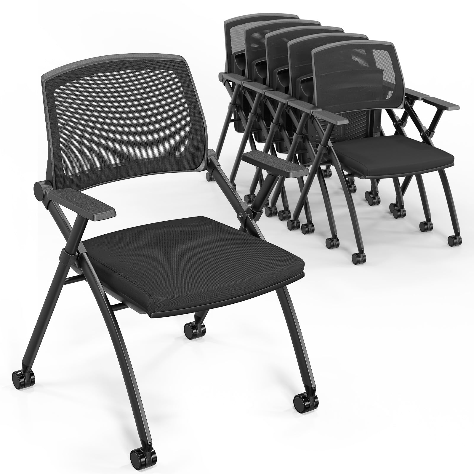 6 Pack Stackable Conference Room Chairs with Wheels, Folding Office Chair with Rebound Back, Padded Seat for Training Room, Guest, Reception, Event, Capacity 350lbs, Black