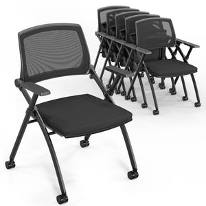 6 Pack Stackable Conference Room Chairs with Wheels, Folding Office Chair with Rebound Back, Padded Seat for Training Room, Guest, Reception, Event, Capacity 350lbs, Black