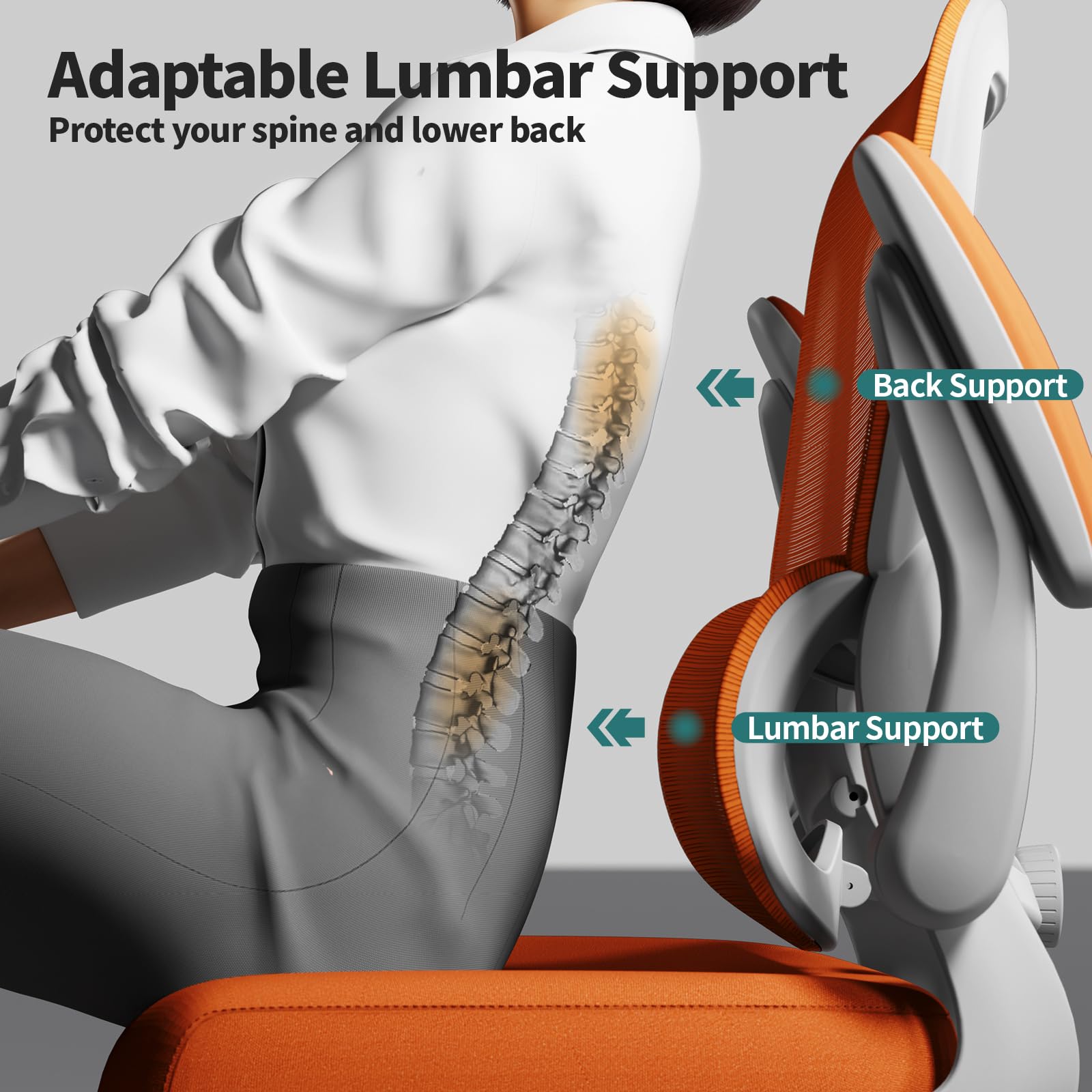 Office Chair - Ergonomic Desk Chair with Adjustable Lumbar Support, Mesh Computer Chair, Executive Chairs for Home Office Comfortable Lumbar Support (Orange)