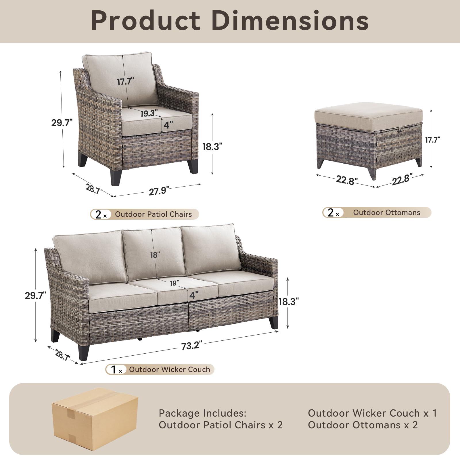5 Pieces Outdoor Furniture-High Back Outdoor Wicker Couch Patio Chairs Set of 2 with Comfy Cushions Ottomans Patio Furniture Set for Backyard Porch Garden Deck Grey/Beige