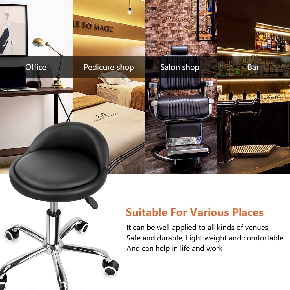 PU Leather Round Rolling Stool with Back Rest Height Adjustable Swivel Drafting Work SPA Task Chair with Wheels Black