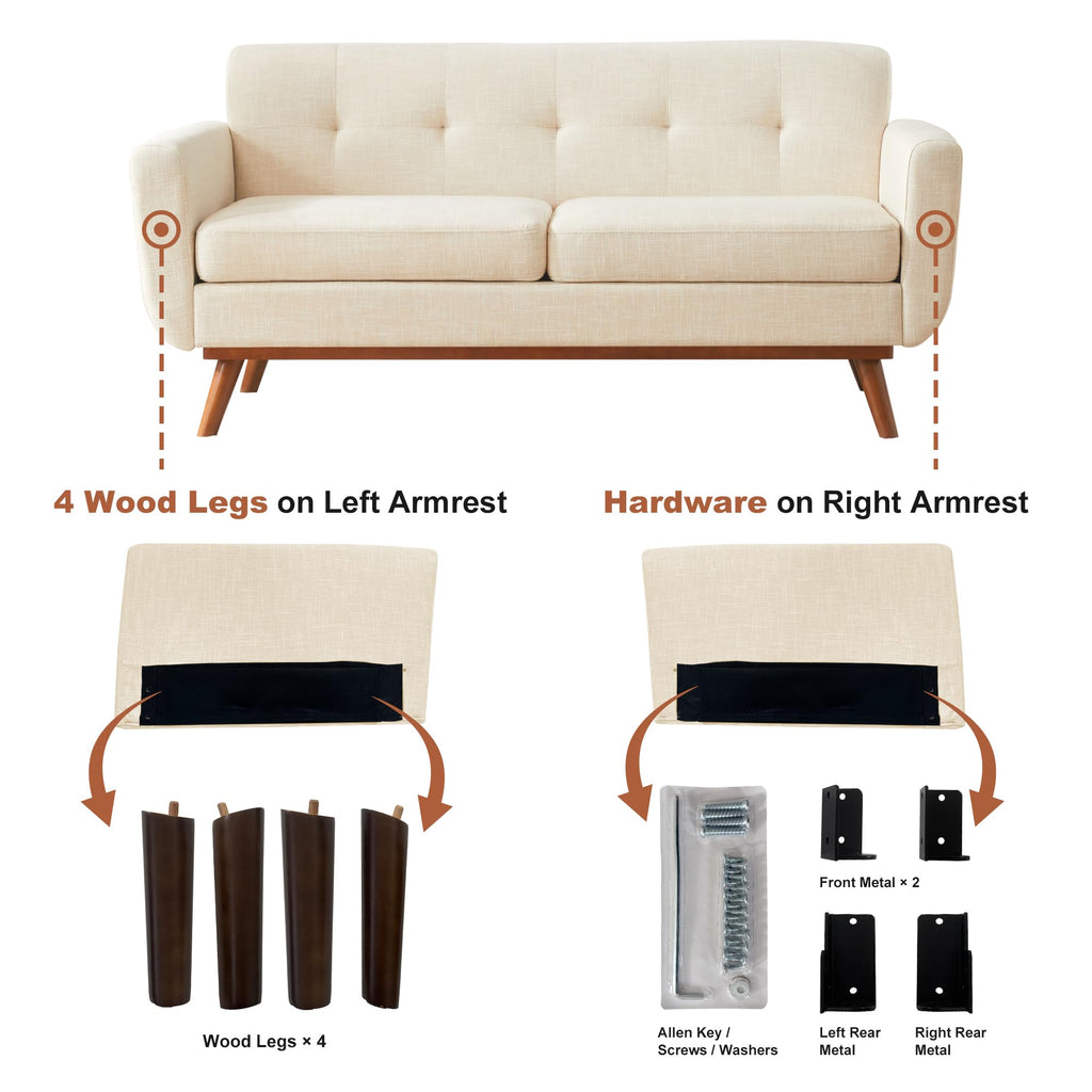 65.2" W Loveseat Sofa, Mid Century Modern Decor Love Seat Couches for Living Room, Button Tufted Upholstered Furniture, Easy to Install Small Couch for Bedroom Office Apartment, Cream White