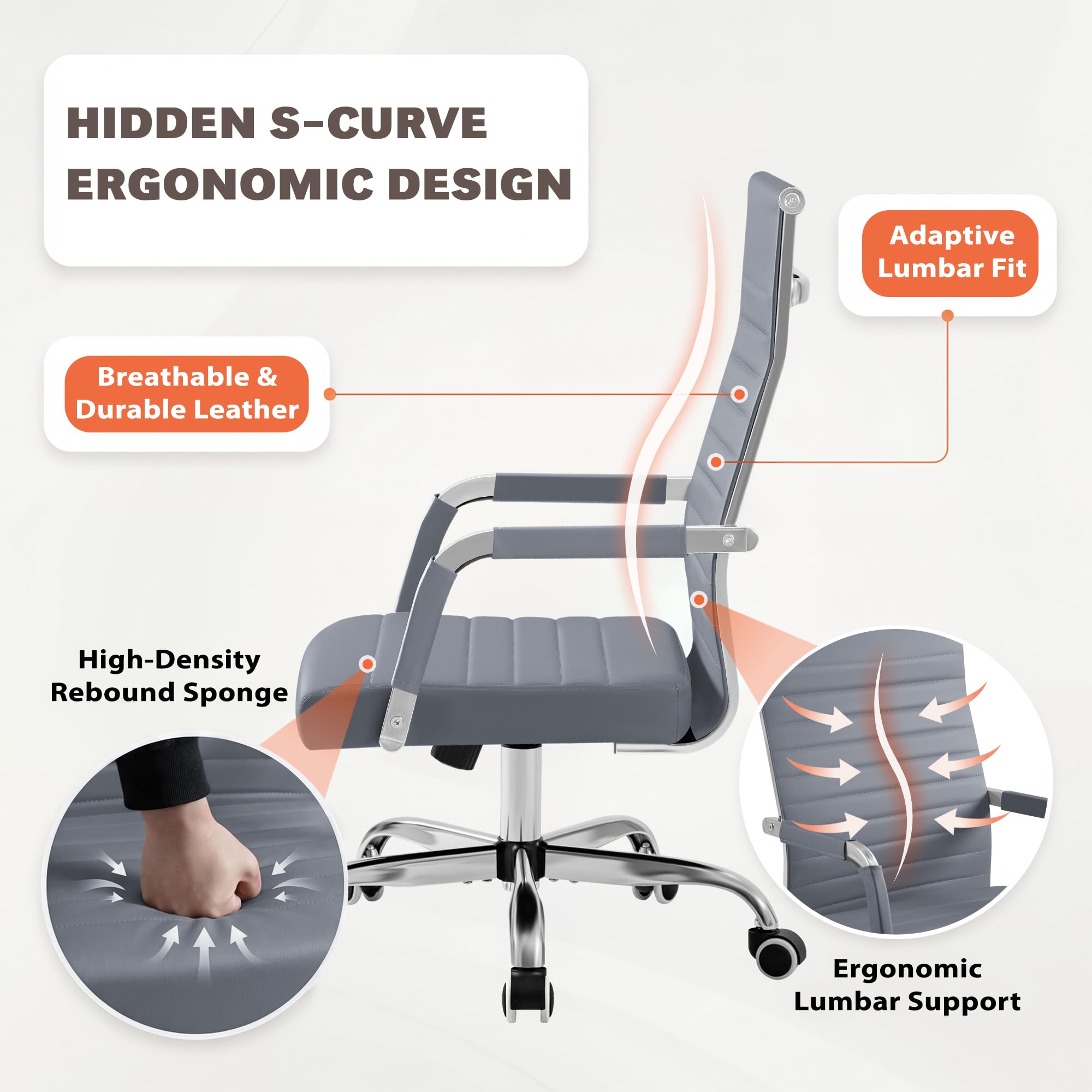 Ergonomic Office Desk Chair, Executive Ribbed Mid-Back PU Leather Conference Room Chair Adjustable Swivel Chair with Arms (2, Grey)