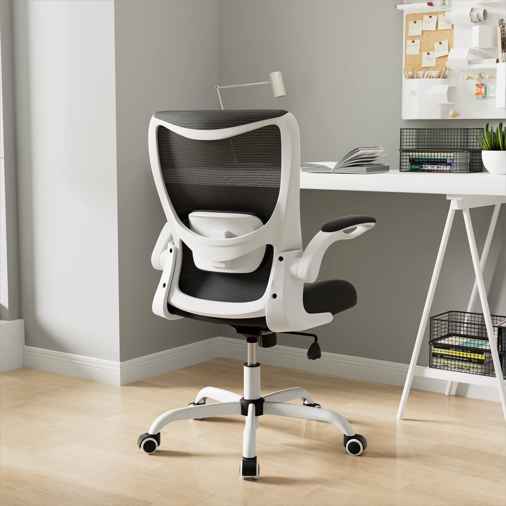 Office Chair, Ergonomic Desk Chair with Adjustable Lumbar Support and Flip up Armrest, Breathable Mesh Computer Chair for Home Office, White