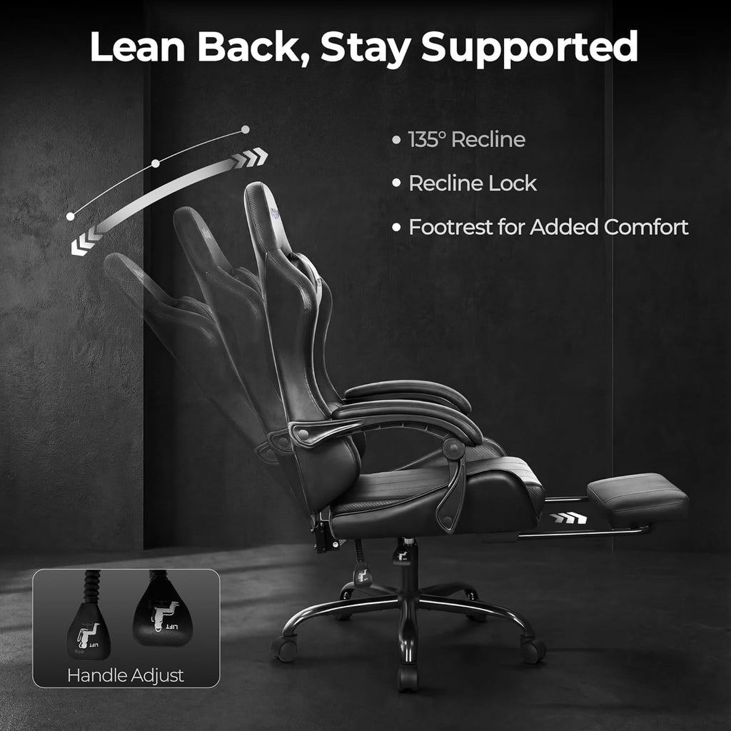 Video Gaming Chair with Footrest Lumbar Support for Home Office High Back Recliner Height Adjustable Ergonomic Comfy Leather Computer Desk Chair (Black)