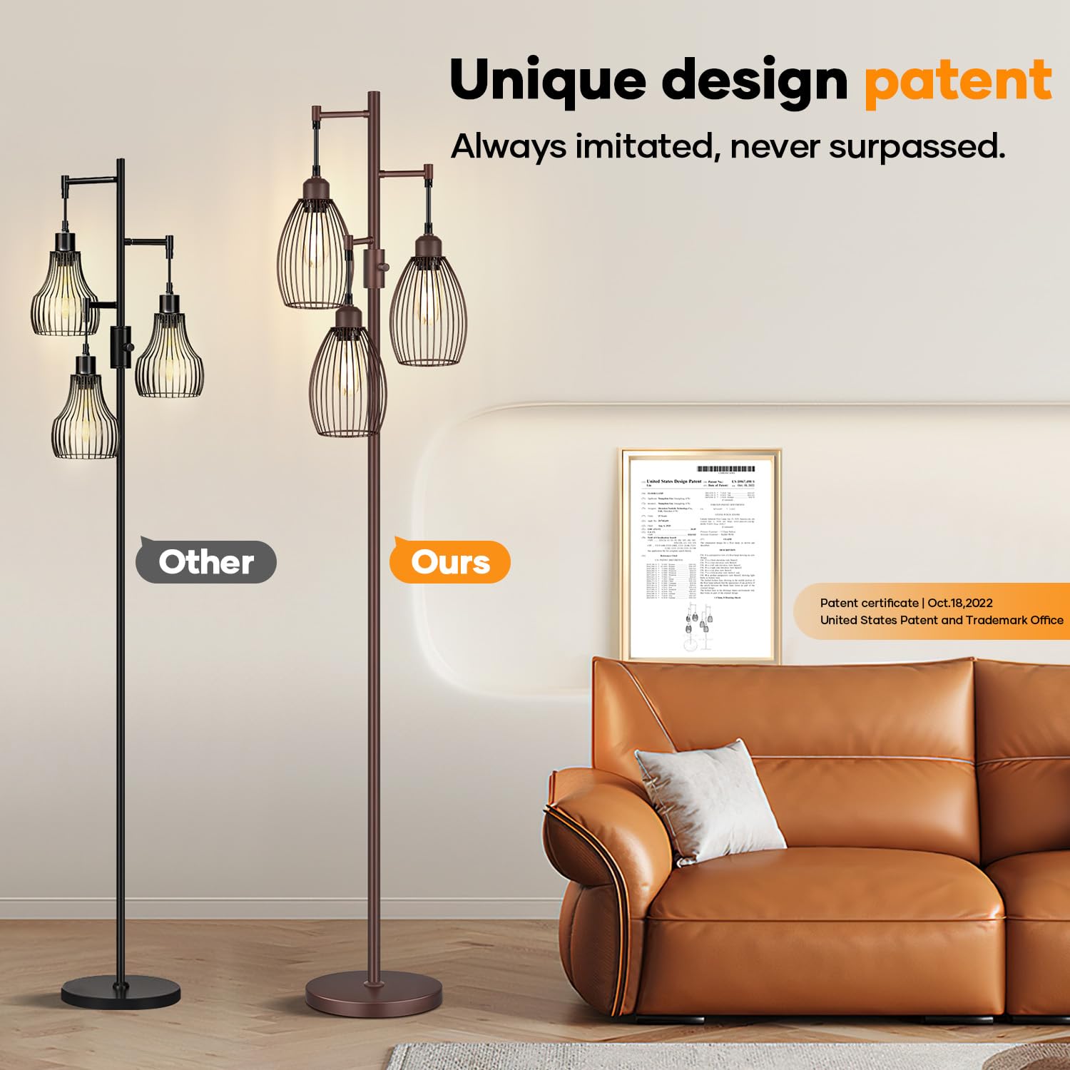 Dimmable Floor Lamp,3x800LM LED Bulbs Included, Farmhouse Industrial Floor Lamp Standing Tree Lamp with Teardrop Cage Head Tall Lamp for Living Room Bedroom Office Dining Room - Matte Brown