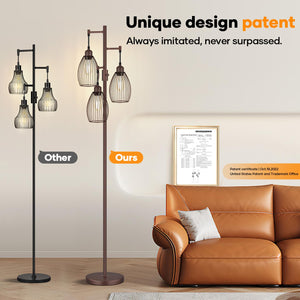 Dimmable Floor Lamp,3x800LM LED Bulbs Included, Farmhouse Industrial Floor Lamp Standing Tree Lamp with Teardrop Cage Head Tall Lamp for Living Room Bedroom Office Dining Room - Matte Brown