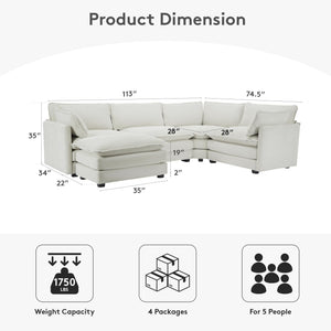 113'' Sectional Cloud Couch, 5 Seater Modular Corner L Shape Sofa Big Comfy Corduroy Oversized Couch with 2 Pillows Movable Ottoman, Deep Seat Sectional Couches for Living Room Office Light Grey