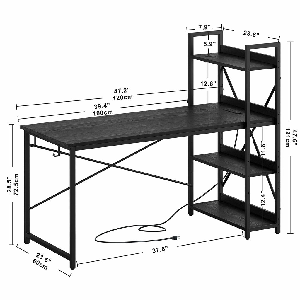 Computer Desk 47" with Power Outlet and Storage Shelves, Study Writing Table with USB Ports Charging Station, PC Desk Workstation for Home Office, Black