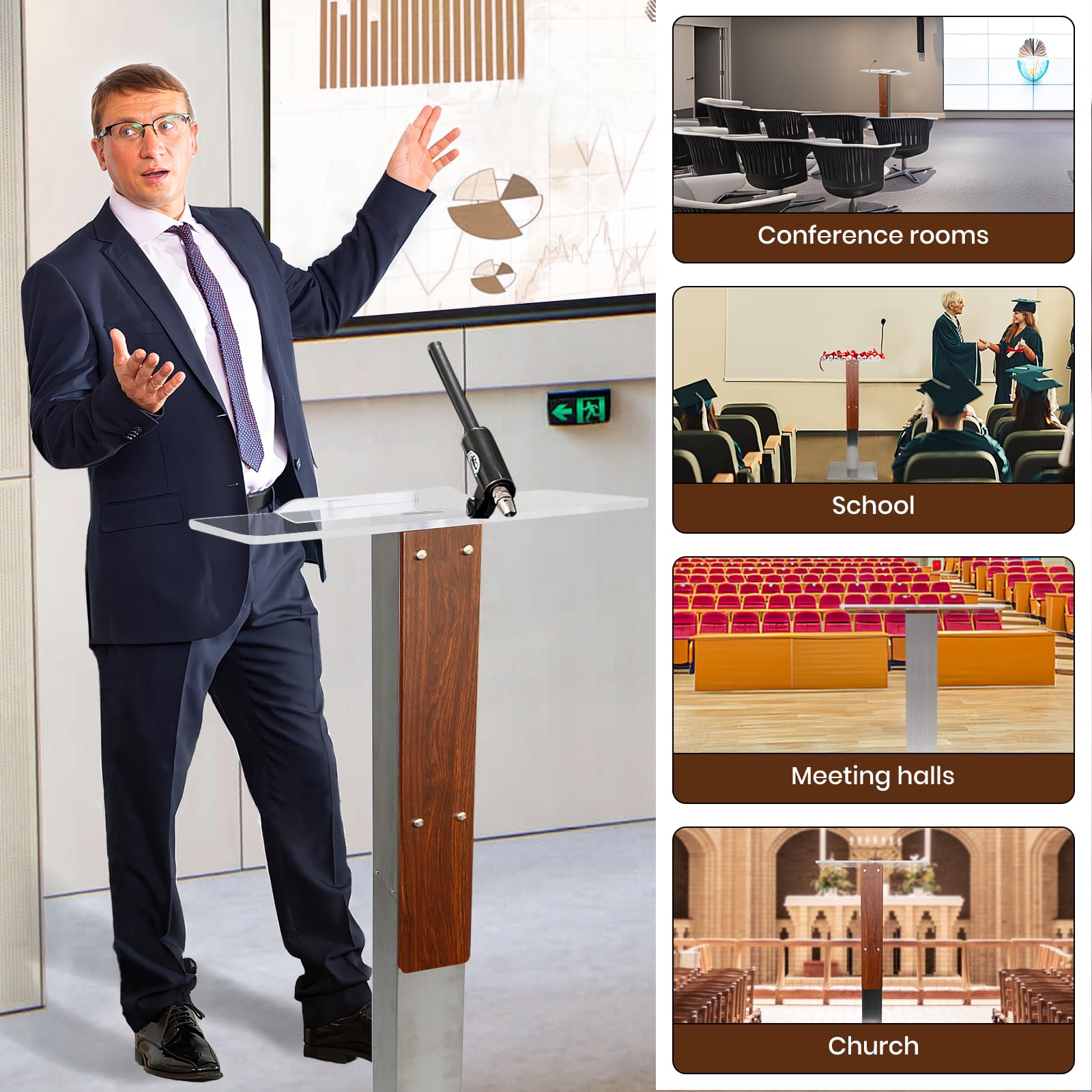 Stainless Steel Podium Stand with Acrylic Reading Surface & Hidden Cable Entry, Professional Modern Podium Stand with Wood Decoration for Church, Podium Stand for Church, Conference, Speech, Wedding
