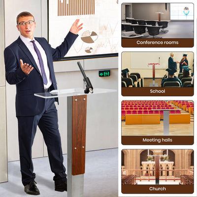Stainless Steel Podium Stand with Acrylic Reading Surface & Hidden Cable Entry, Professional Modern Podium Stand with Wood Decoration for Church, Podium Stand for Church, Conference, Speech, Wedding