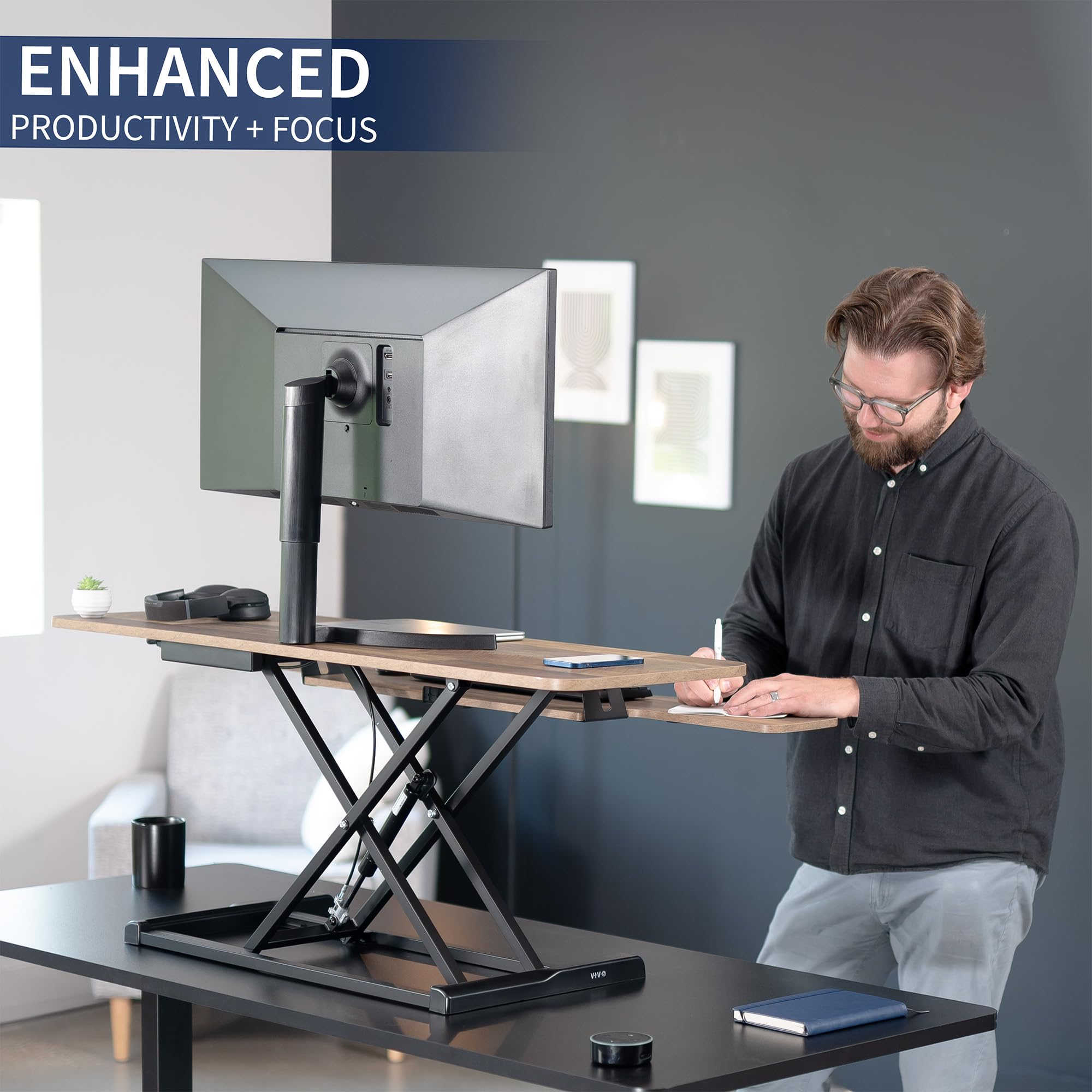 48 inch Desk Converter, K Series, Height Adjustable Sit to Stand Riser, Dual Monitor and Laptop Workstation with Wide Keyboard Tray, Reclaimed Wood Top, Black Frame, DESK-V048KP