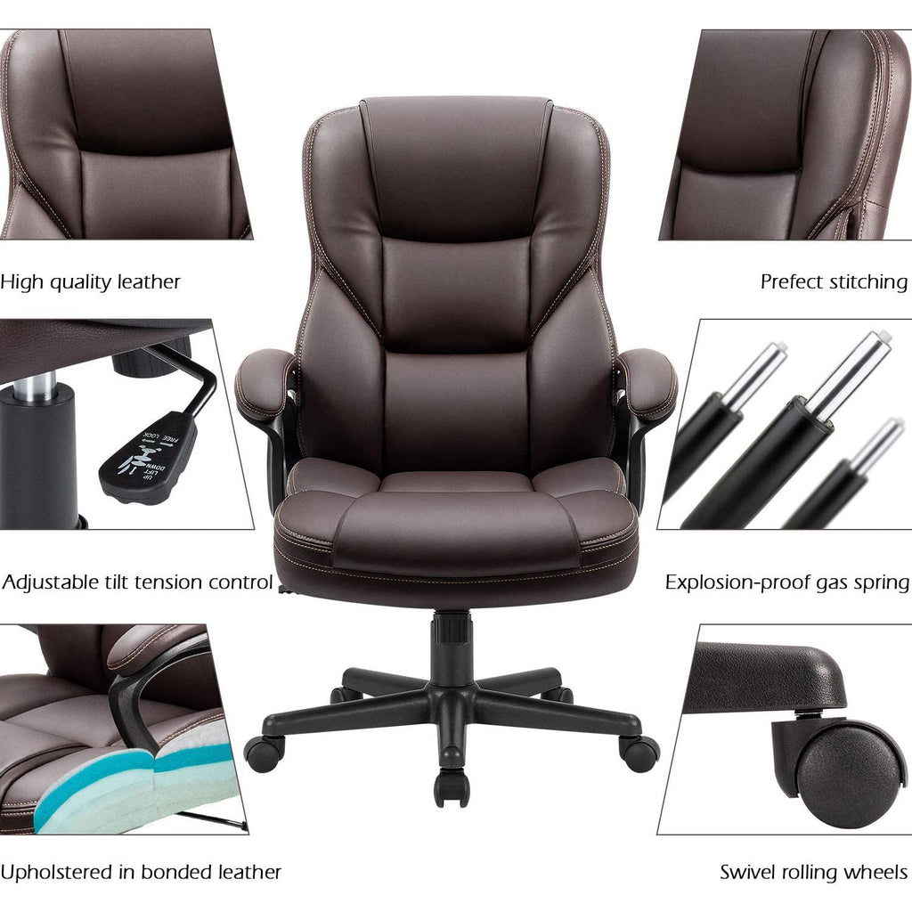 Office Executive Chair High Back Adjustable Managerial Home Desk Chair, Swivel Computer PU Leather Chair with Lumbar Support (2, Brown)