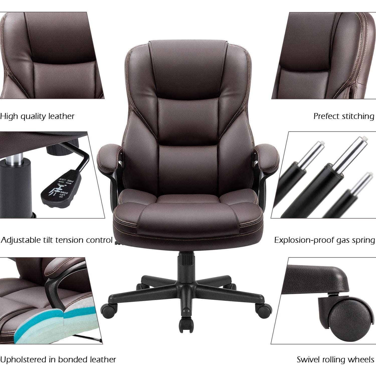 Office Executive Chair High Back Adjustable Managerial Home Desk Chair, Swivel Computer PU Leather Chair with Lumbar Support (2, Brown)