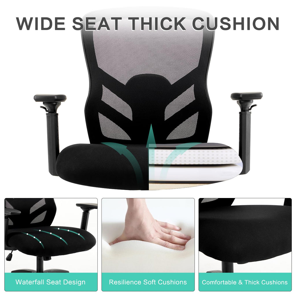 Big and Tall Office Chair 500LBS - Computer Desk Chair with Adjustable Lumbar Support, Heavy Duty Ergonomic Mesh with 360 Rotation 4D Arm and Extra Wide Comfty Seat, Quiet Wheels for Adults