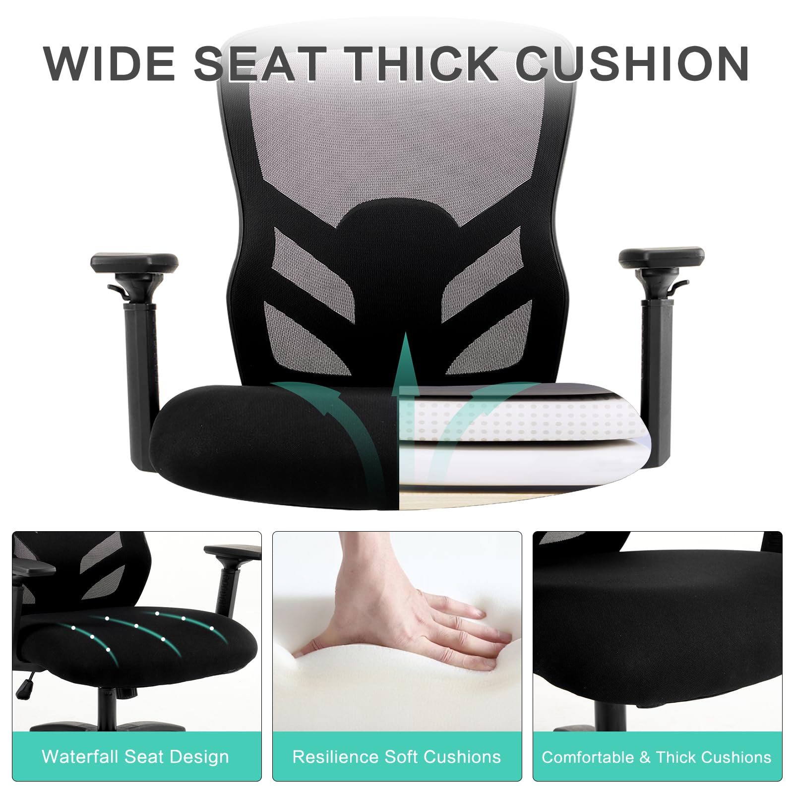 Big and Tall Office Chair 500LBS - Computer Desk Chair with Adjustable Lumbar Support, Heavy Duty Ergonomic Mesh with 360 Rotation 4D Arm and Extra Wide Comfty Seat, Quiet Wheels for Adults