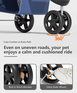 Pet Stroller with 3 Wheels for Small/Medium Pets, Portable Travel Foldable Carrier Jogger for Dog Cat Puppy Kitty, Rear Wheel Breaks, Storage Basket, Visible Mesh Weather Cover (Navy Blue)