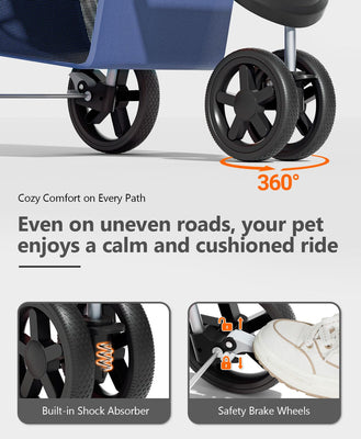 Pet Stroller with 3 Wheels for Small/Medium Pets, Portable Travel Foldable Carrier Jogger for Dog Cat Puppy Kitty, Rear Wheel Breaks, Storage Basket, Visible Mesh Weather Cover (Navy Blue)