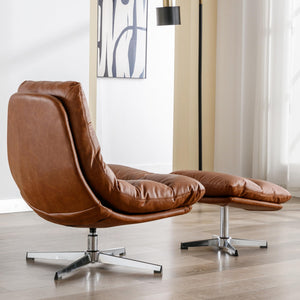 Modern Swivel Accent Chair with Ottoman Set, PU Leather Oversized Armless Reading Chair with Footrest, 33'' Wide Upholstered Lounge Chairs with Footstool for Living Room Bedroom Comfy, Brown