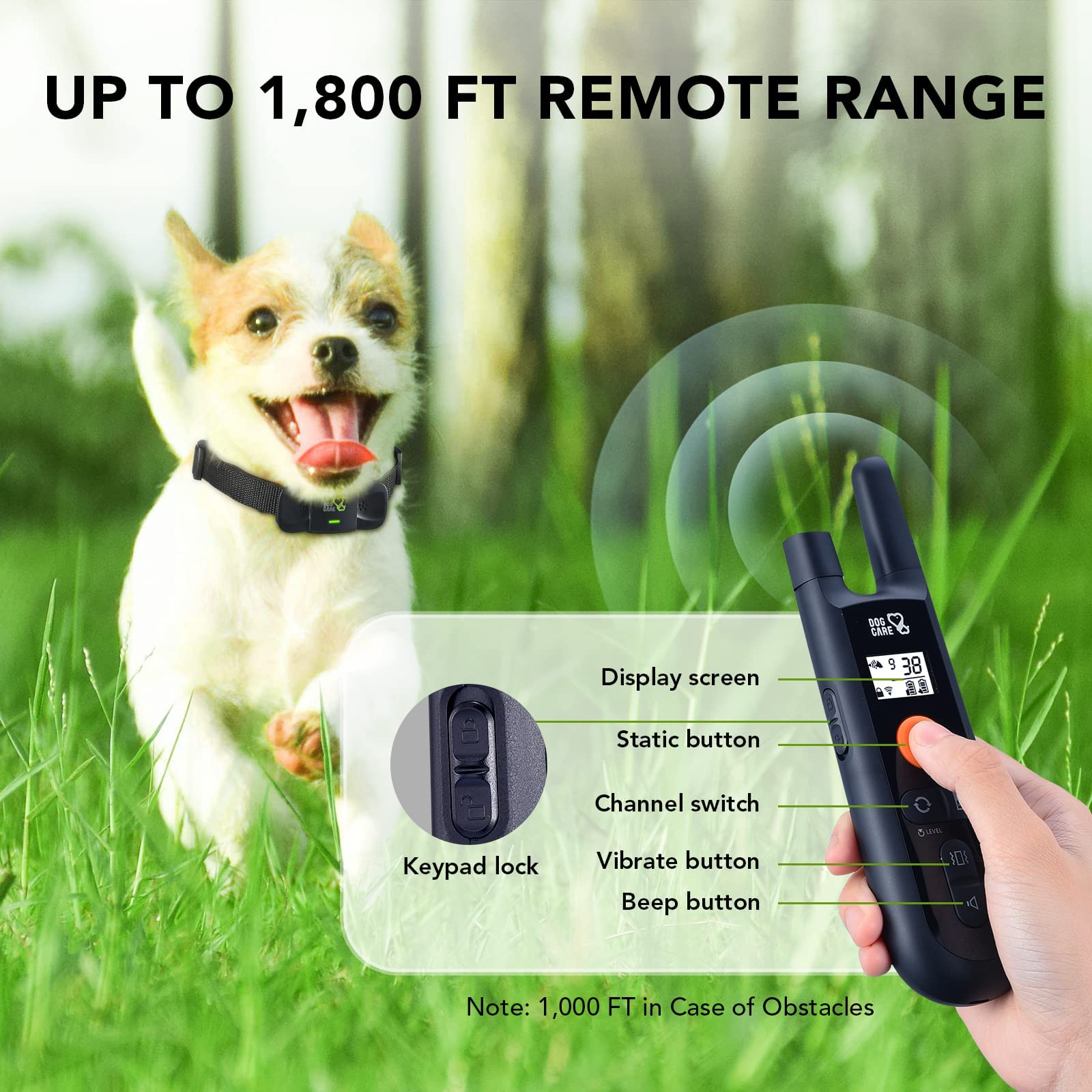 Dog Training Collar with Remote - Shock Collar for All Dogs with 1800FT Remote, Rechargeable Bark Control with Beep/Vibration/Shock Modes, Security Lock, Rainproof