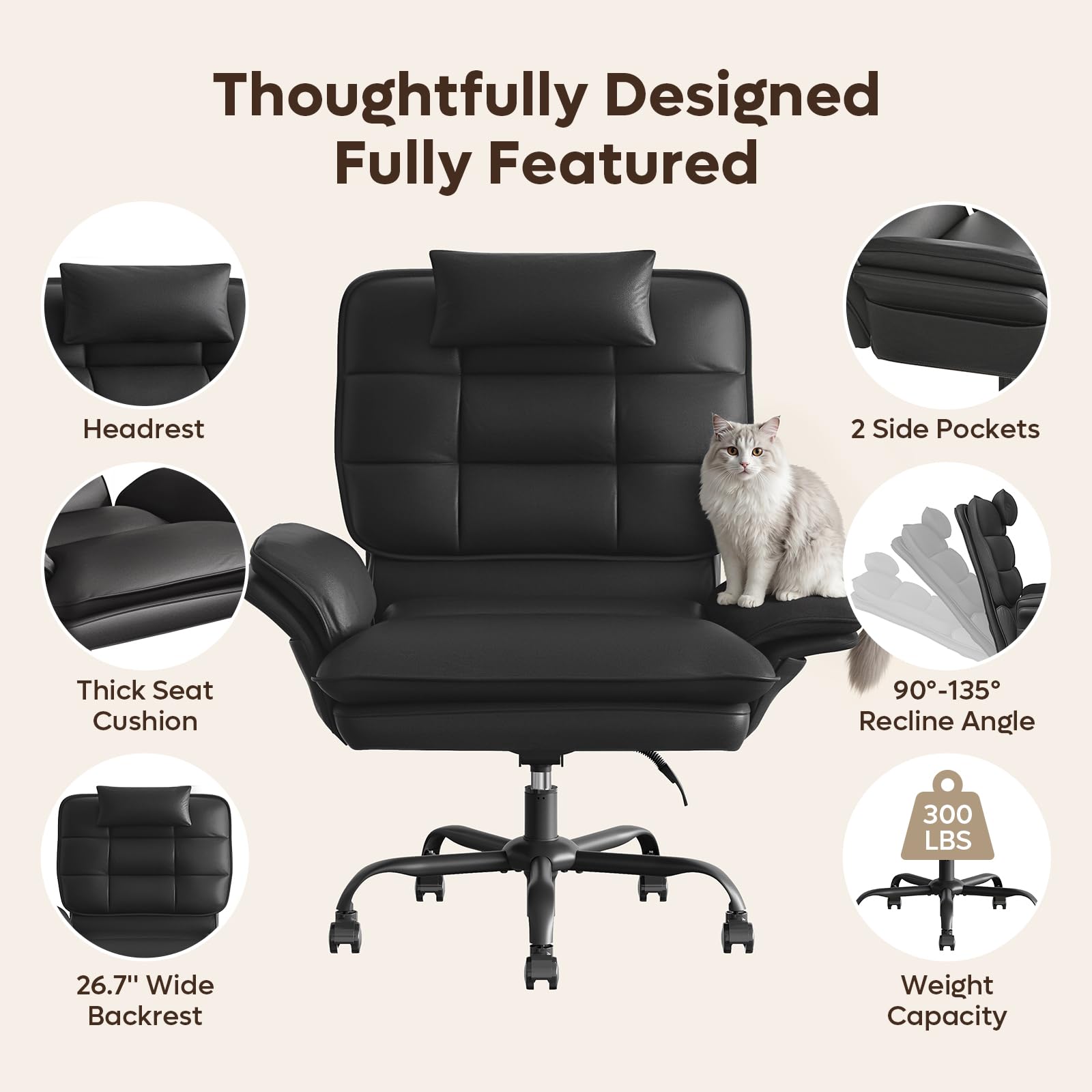 Cross Legged Office Chair Criss Cross Chair with Adjustable Arms 135° Reclining PU Leather Executive Chair with Wheels Big and Tall Computer Desk Chair for Home Office Black