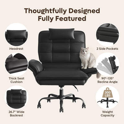 Cross Legged Office Chair Criss Cross Chair with Adjustable Arms 135° Reclining PU Leather Executive Chair with Wheels Big and Tall Computer Desk Chair for Home Office Black