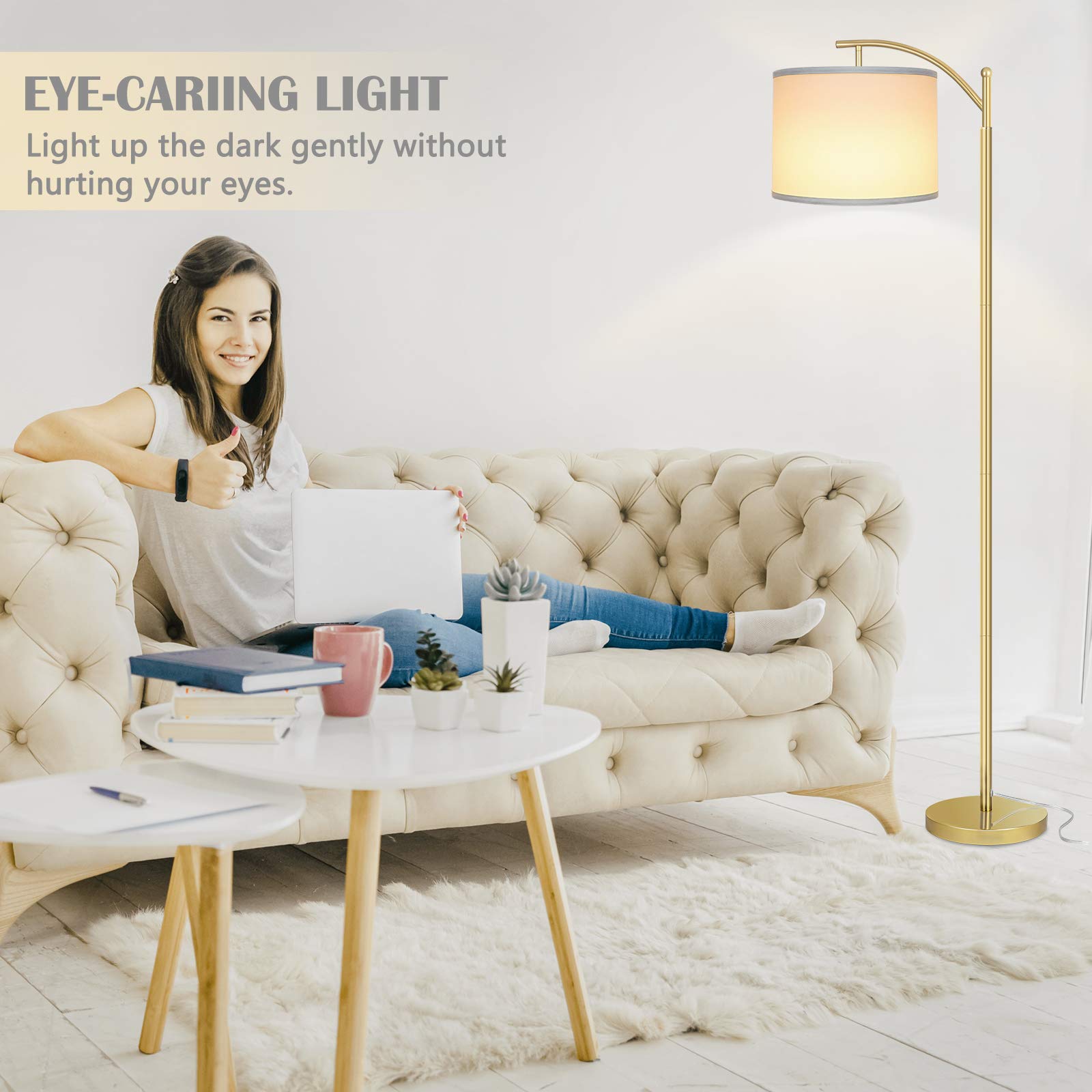 Floor Lamp for Living Room, LED Standing Lamp with 2 Lamp Shades Tall Industrial Floor Lamp Reading for Bedroom, Office, Study Room (9W LED Bulb, Beige & White Shades Included) -Gold