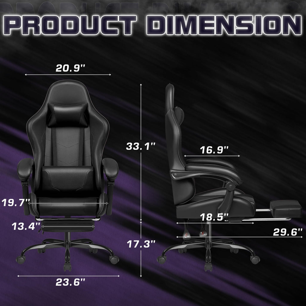 Gaming Chair, Video Game Chair with Footrest and Massage Lumbar Support, Ergonomic Computer Chair Height Adjustable with Swivel Seat and Headrest (Dark Black)