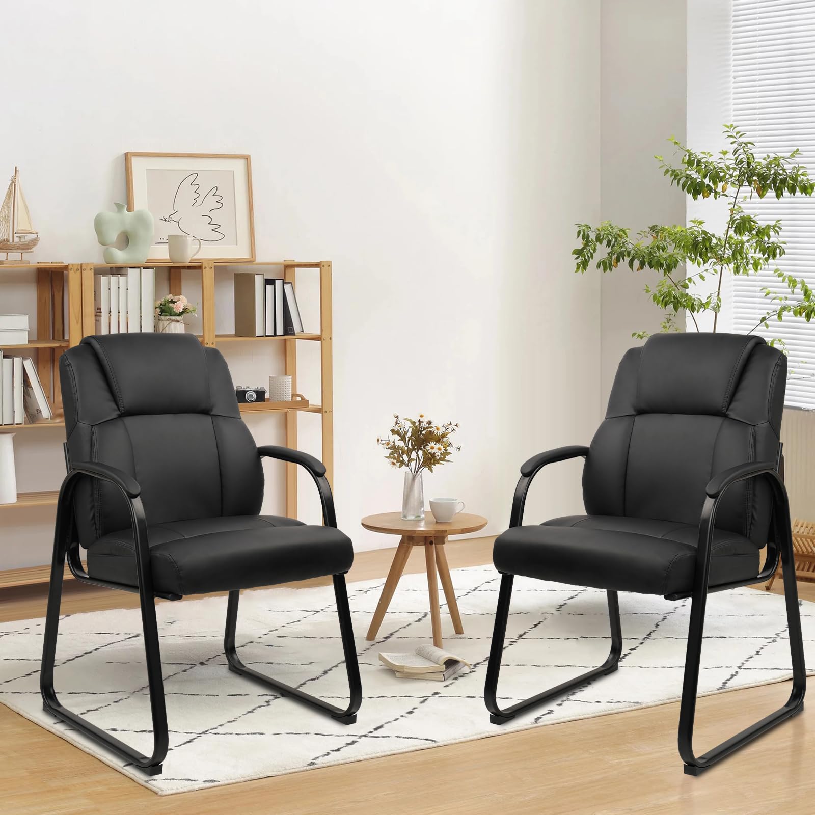 2 Pack, Leather Guest Chair with Padded Arm Rest for Reception Meeting Conference and Waiting Room Side Office Home Black with Sled Base