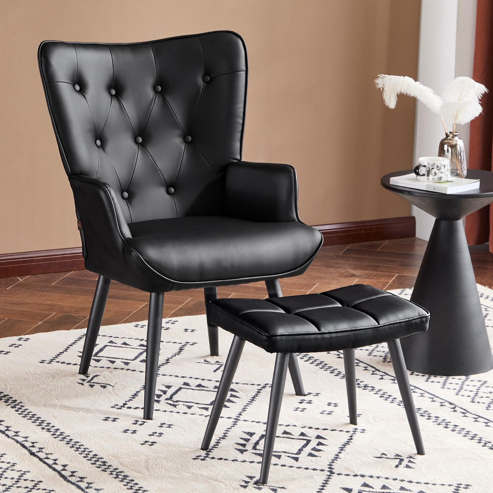 PU Leather Accent Chair with Ottoman, Upholstered Reading Chair with High Backrest, Tufted-Button Wingback Armchair for Bedroom, Dressing Room, Home Office, Black