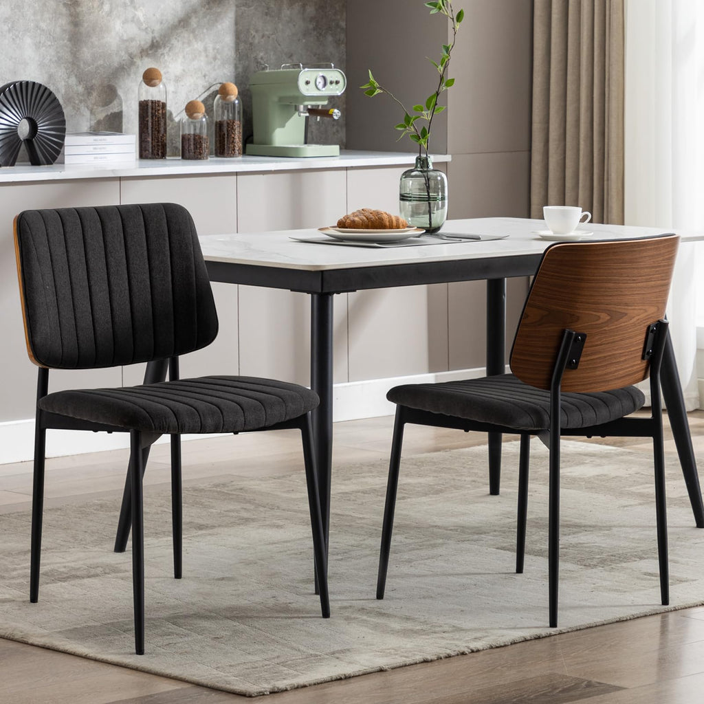 Black Fabric Dining Chairs Set of 2, Mid Century Modern Dining Chairs Walnut Bentwood,Armless Kitchen Chairs with Metal Legs Adjustable Foot for Dining Room（Walnut Black）