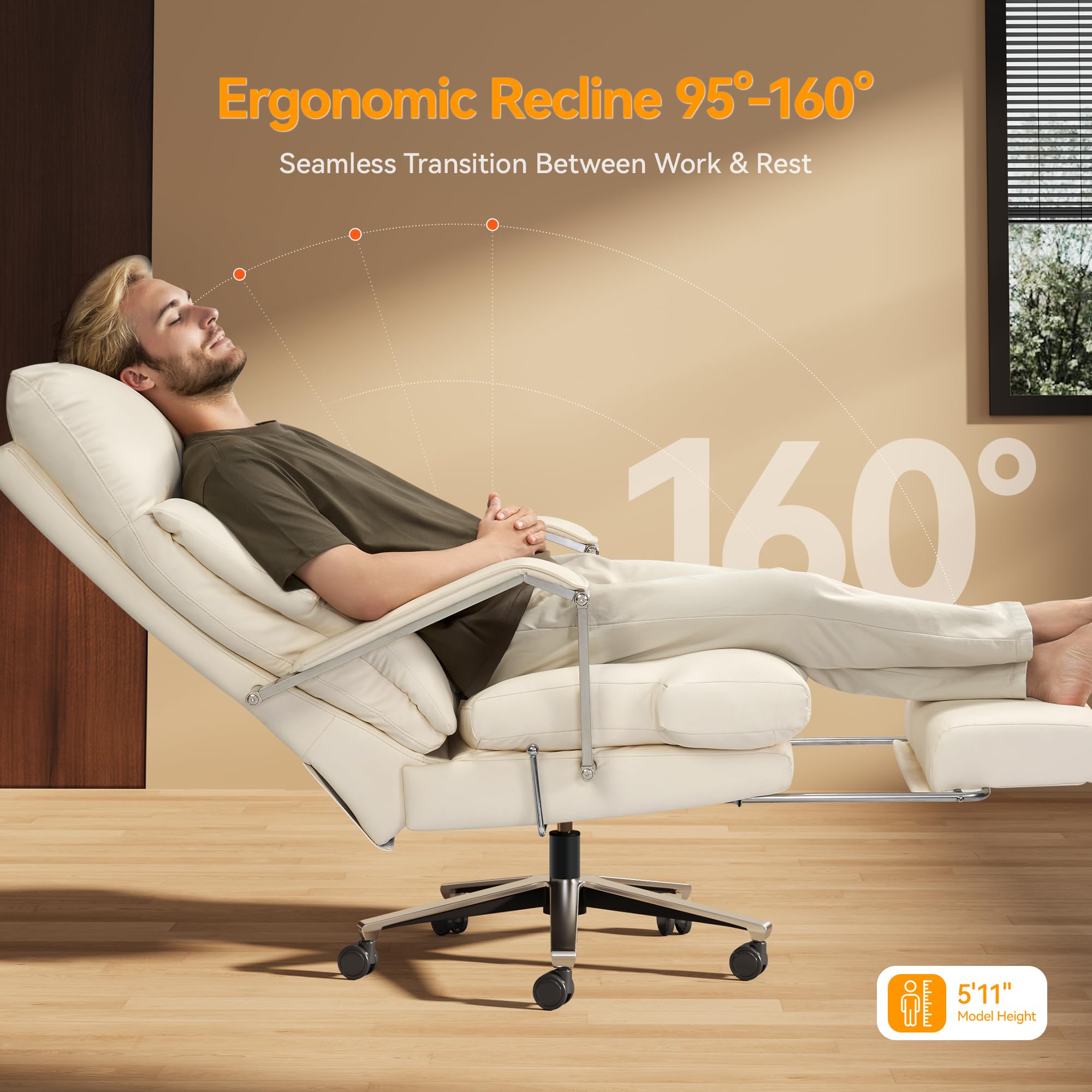 160° Reclining Office Chair with Footrest, 10" Thick Cloud Cushion Executive Desk Chair, Extra Wide Cross-Legged Ergonomic Chair for Big and Tall, Adjustable Seat Depth, Easy Assembly, Cream