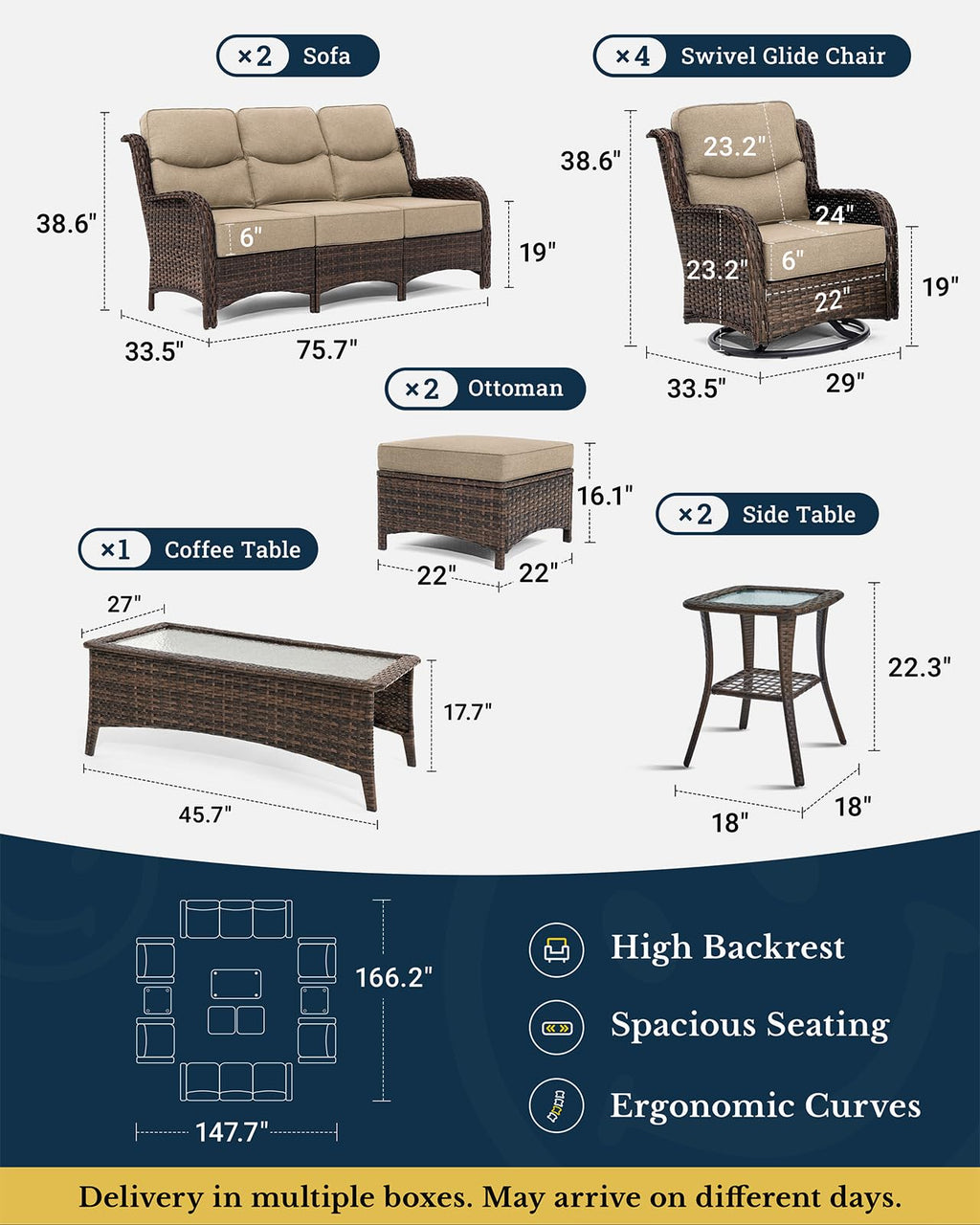 Luxury Patio Furniture Set with 6-inch Thick Cushion, Outdoor Couch and High Back Swivel Rocker Patio Chairs, 11PCS Wicker Conversation Set for Deck Yard and Poolside, Beige (V2)