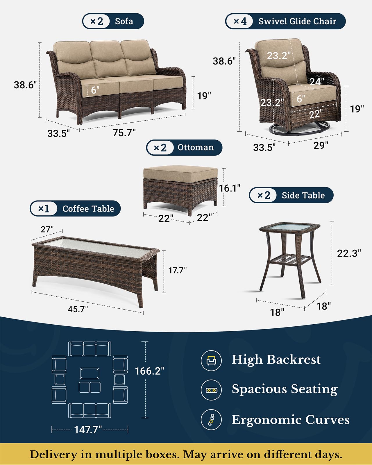 Luxury Patio Furniture Set with 6-inch Thick Cushion, Outdoor Couch and High Back Swivel Rocker Patio Chairs, 11PCS Wicker Conversation Set for Deck Yard and Poolside, Beige (V2)