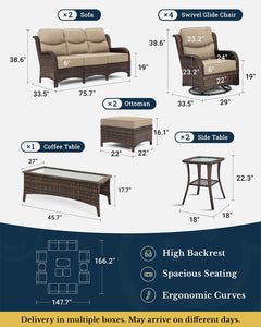 Luxury Patio Furniture Set with 6-inch Thick Cushion, Outdoor Couch and High Back Swivel Rocker Patio Chairs, 11PCS Wicker Conversation Set for Deck Yard and Poolside, Beige (V2)