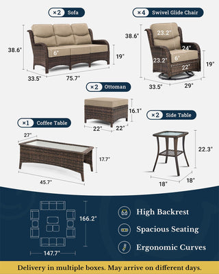 Luxury Patio Furniture Set with 6-inch Thick Cushion, Outdoor Couch and High Back Swivel Rocker Patio Chairs, 11PCS Wicker Conversation Set for Deck Yard and Poolside, Beige (V2)