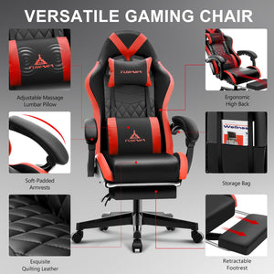 Gaming Chair,Ergonomic Massage Computer Office Desk Chair with Footrest,Pocket Spring Cushion,Reclining Leather Adjustable Gamer Chair with Headrest and Lumbar Support,Red