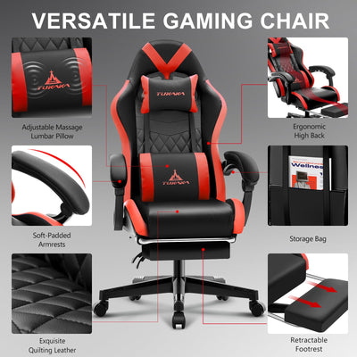 Gaming Chair,Ergonomic Massage Computer Office Desk Chair with Footrest,Pocket Spring Cushion,Reclining Leather Adjustable Gamer Chair with Headrest and Lumbar Support,Red