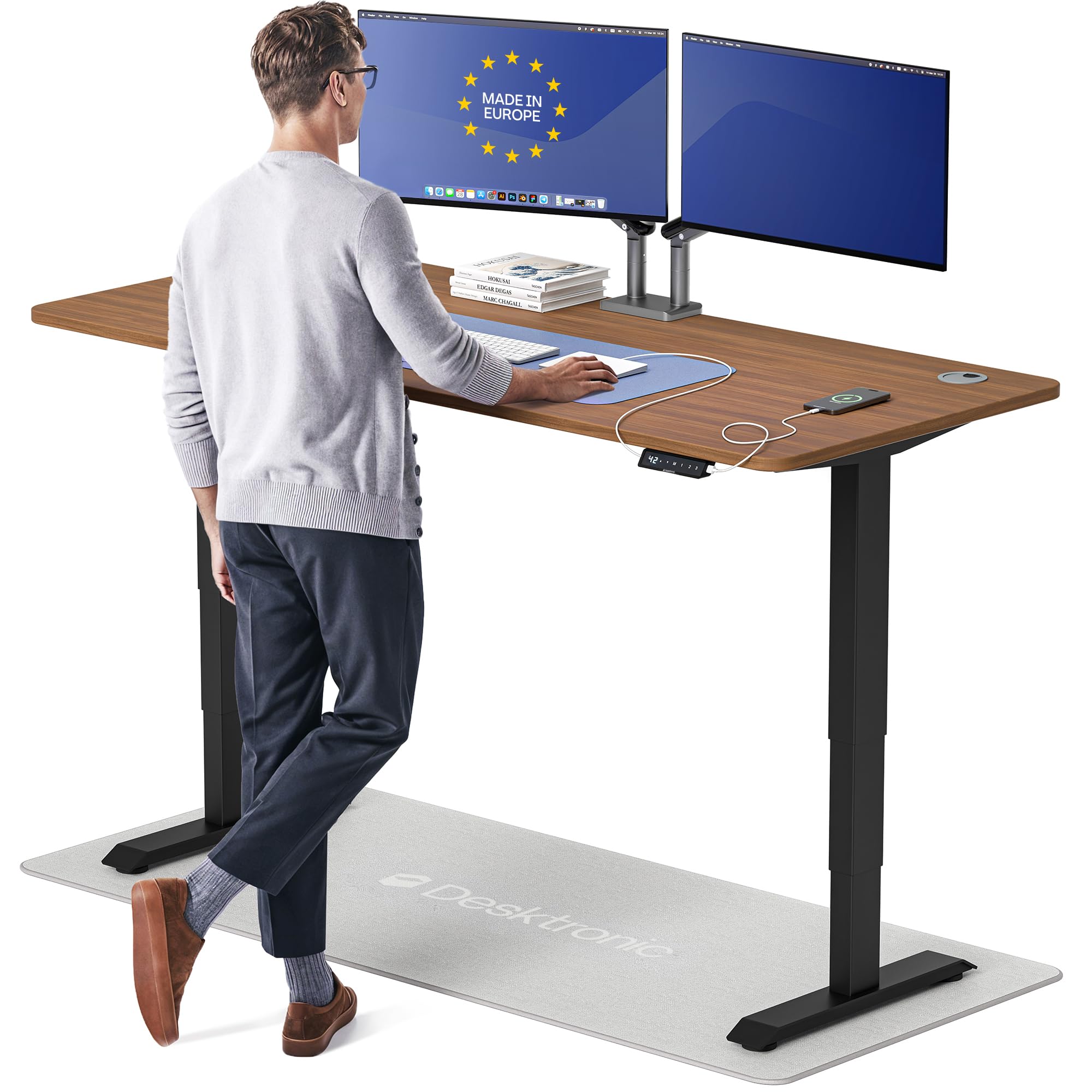 HomePro Standing Desk 70x30 — Made in Europe, Ergonomic Sit Stand Home Office Desk, Electric Height Adjustable, Dual Motor, USB & USB-C Charging, Wobble-Free, Touchscreen, 3 Memory Presets