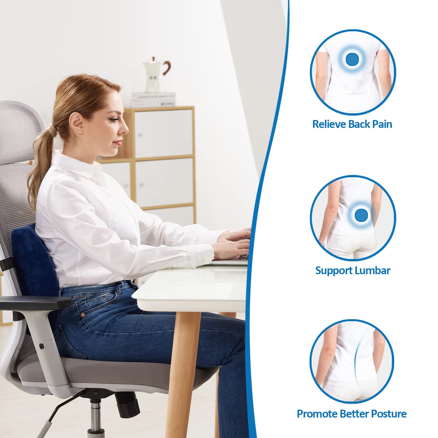 Office Chair Lumbar Pillow, Memory Foam Back Support Pillows for Car、Gaming Chair、 Home Chair, Fatigue Relief Correct Posture, Double Adjustable Straps(Navy Blue)