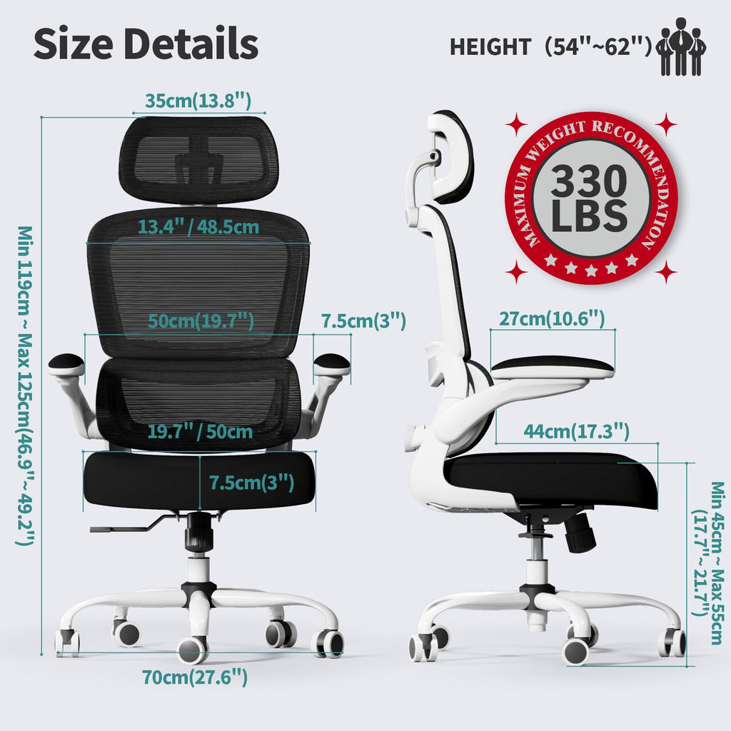 Office Chair Ergonomic Desk Chair, 330 LBS Home Mesh Office Desk Chairs with Wheels, Comfortable Gaming Chairs (Black & White)