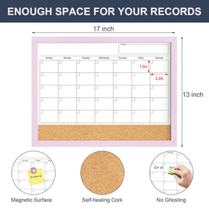 Dry Erase Calendar Cork Board Combo, 17x13 Inches Calendar Whiteboard for Wall, Small Magnetic White Board with Pink Wood Framed, Dry Erase Board for Planner Office Kitchen Home Memo