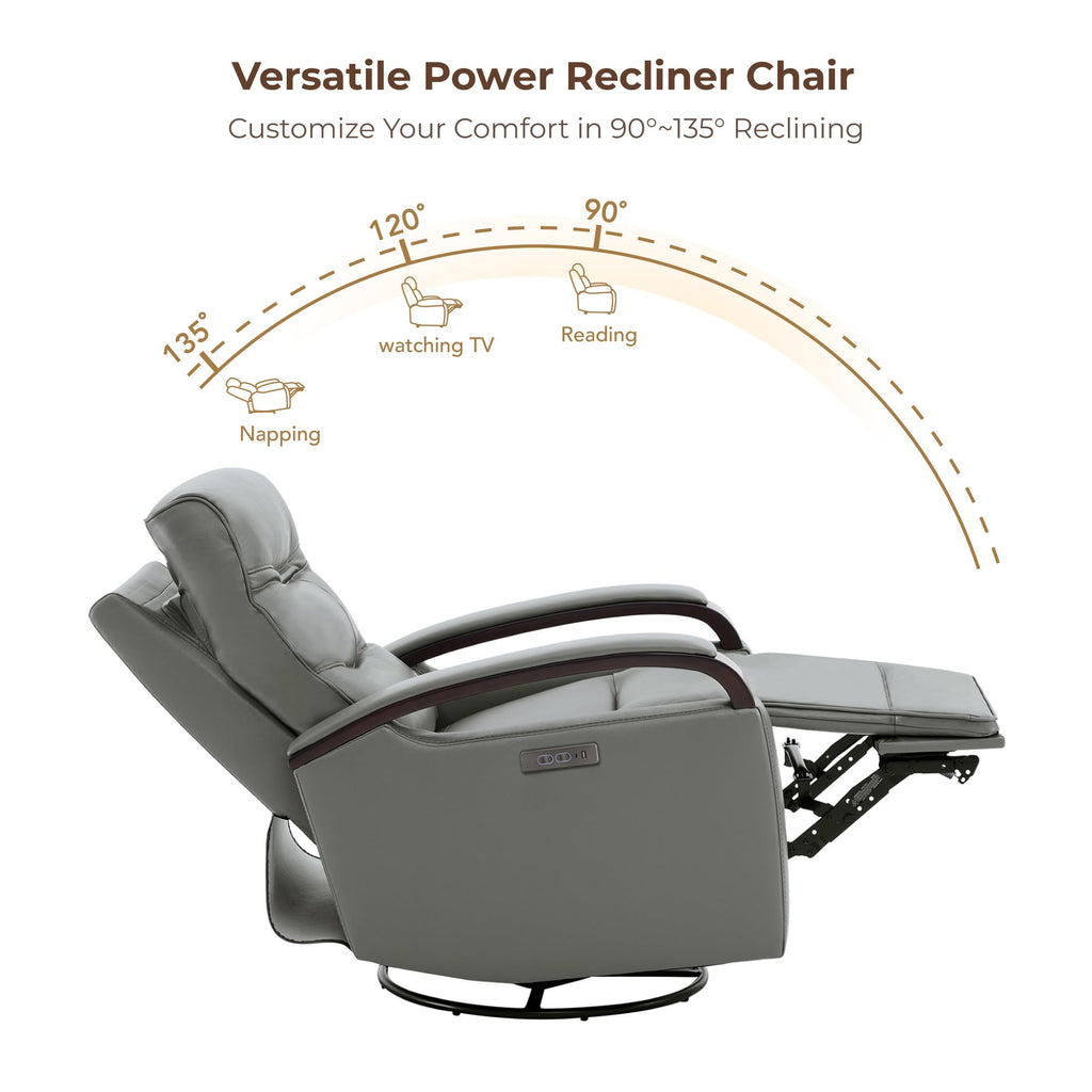 Genuine Leather Power Swivel Glider Rocker Recliner, FSC Certified Mid Century Modern Recliner Chair for Adults, Adjustable Power Headrest, for Nursery and Living Room, Haze