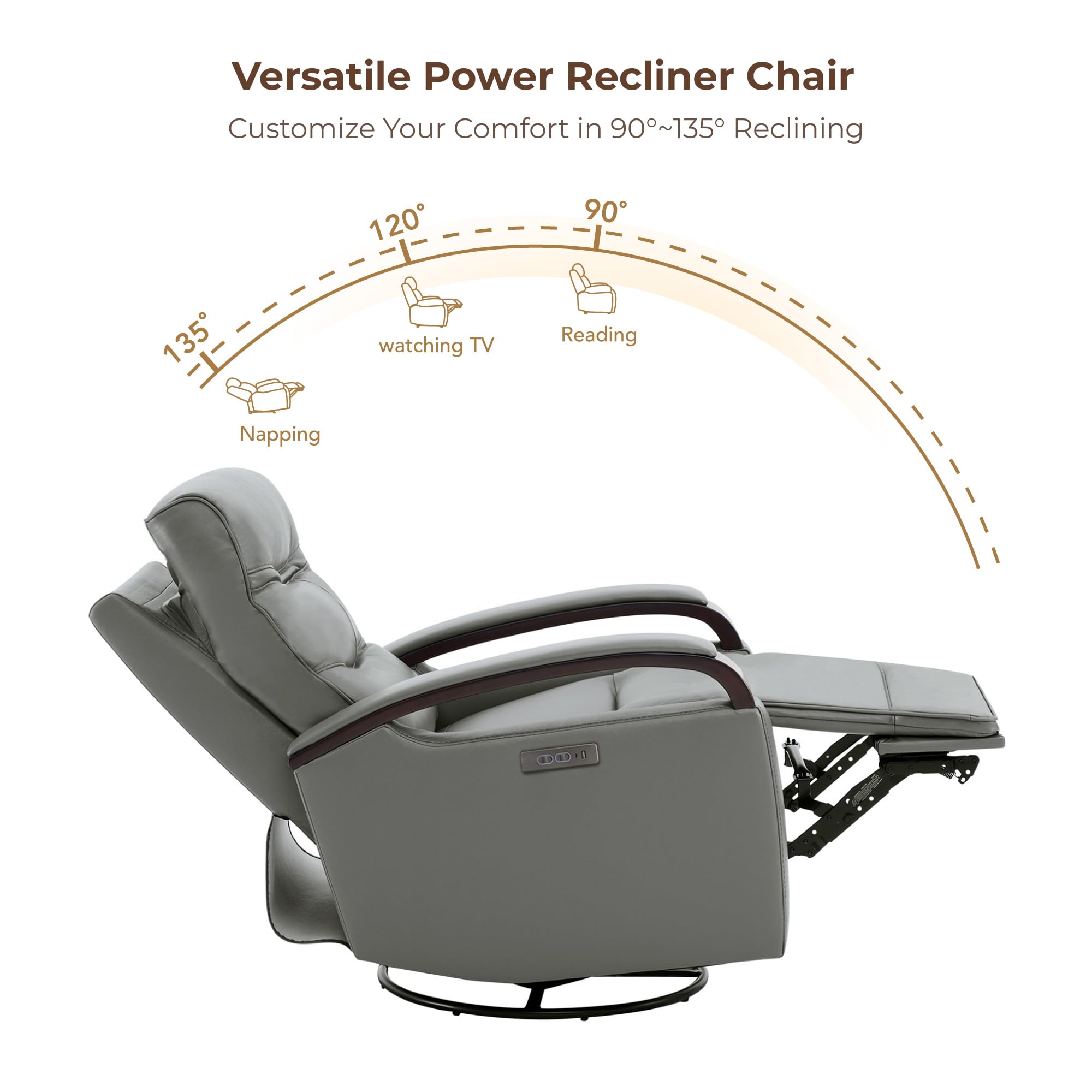 Genuine Leather Power Swivel Glider Rocker Recliner, FSC Certified Mid Century Modern Recliner Chair for Adults, Adjustable Power Headrest, for Nursery and Living Room, Haze