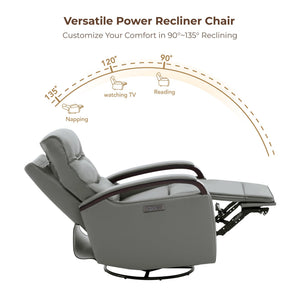 Genuine Leather Power Swivel Glider Rocker Recliner, FSC Certified Mid Century Modern Recliner Chair for Adults, Adjustable Power Headrest, for Nursery and Living Room, Haze