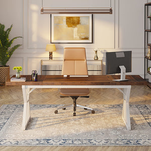 70.8-Inch Executive Desk, Large Computer Office Desk Workstation, Modern Simple Style Laptop Desk Study Writing Table Business Furniture for Home Office (Brown/White, 70.8 Inch)