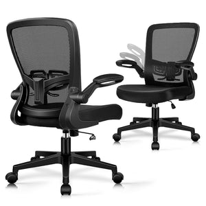 Office Desk Chairs with Wheels, Ergonomic Mesh Chair with Adjustable Height Lumbar Support, Rolling Swivel Computer Task Chair with Flip Up Armrests for Home, Study, Conference, Black (2PK)